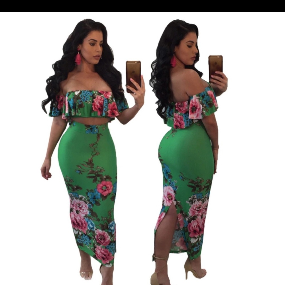 Sexy Green Floral 2 Piece Skirt Set